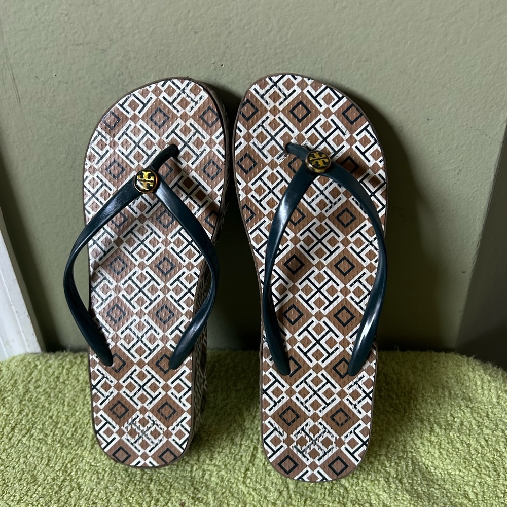 Tory Burch Blue Strap and Brown Patterned Platform Sandals